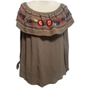 Davi & Dani Floral Embroidered Flounce Top Womens Small Olive Tie Sleeve Boho
